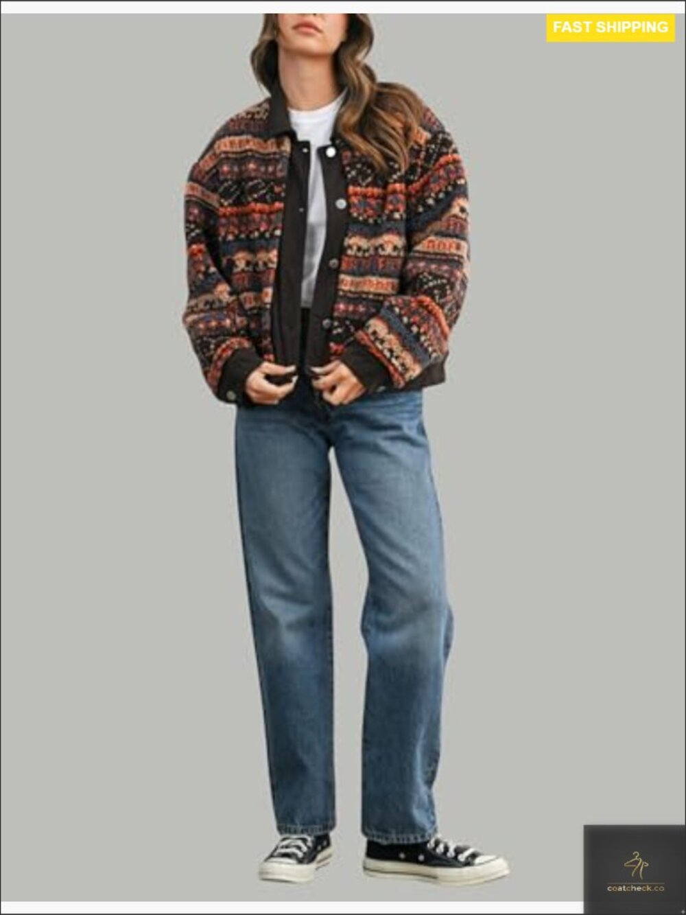 Floral Sherpa Jacket Open Front Denim Collar Oversized Fleece Outerwear Pockets - Picture 7 of 7